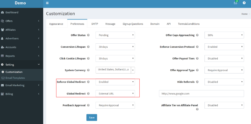 Enable Global Redirect to redirect all offers